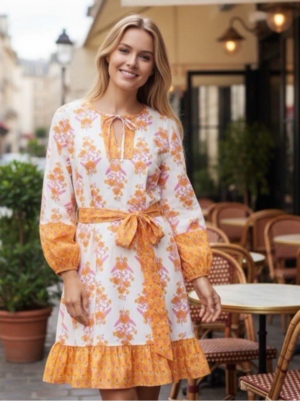 J. Crew Floral Tie-Waist Long Sleeve 100% Cotton Dress in White and Orange Sz M